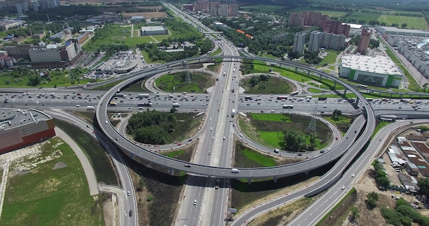 Cloverleaf intersection with circular overpass aerial view