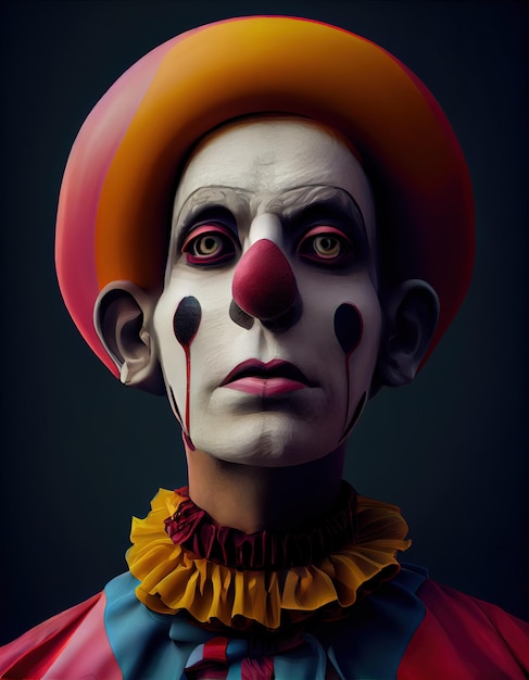 Clown arlequin character with make up and red hair and nose portrait posing for camera