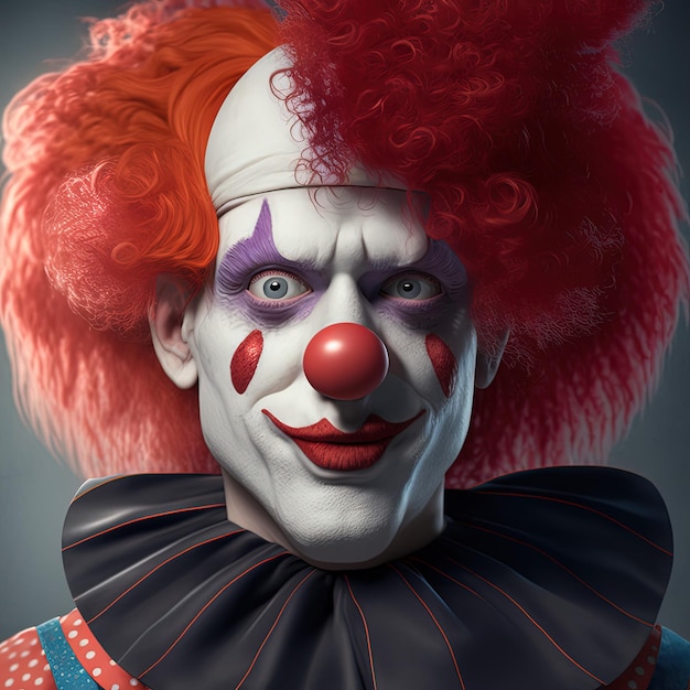 Clown arlequin character with make up and red hair and nose portrait posing for camera