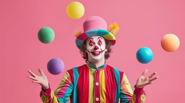 A clown in a colorful costume juggles five balls against a pink background