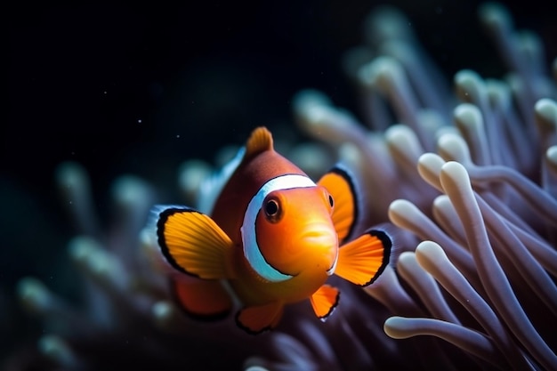 A clown fish in an aquarium with anemone in the background