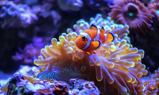 a clown fish is in an aquarium with anemone