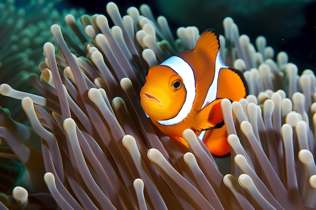 A clown fish is swimming in an anemone with a white and black stripe.