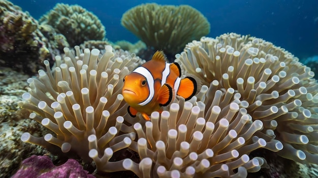 a clown fish is swimming in an anemone