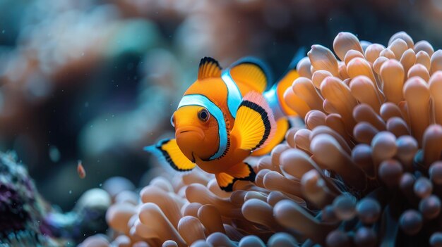 Photo a clown fish is swimming in an anemone