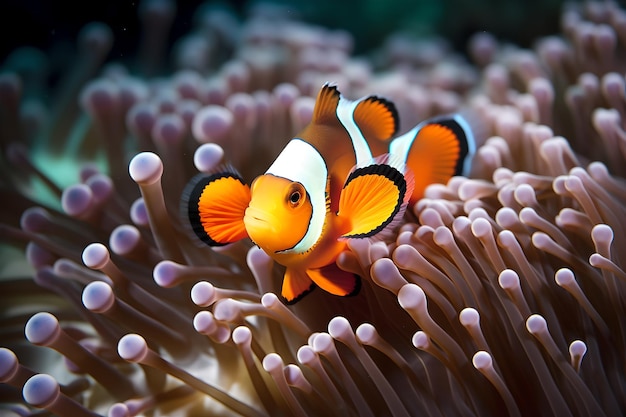 A clown fish is swimming in an anemone.