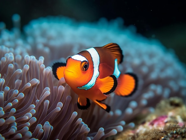 A clown fish is swimming in the ocean.