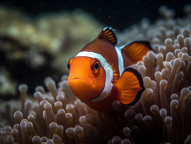 A clown fish is swimming in the ocean.