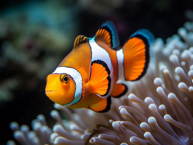 A clown fish is swimming in a sea anemone