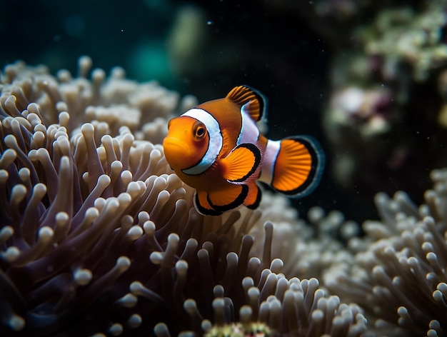 A clown fish is swimming in the water.