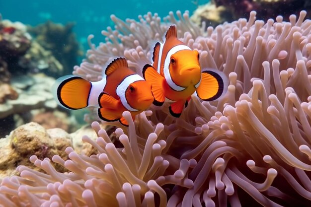 Clown fish swimming in the corals and anemone nature habitat colorful underwater