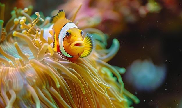 a clown fish with a blue face and a white stripe on its face