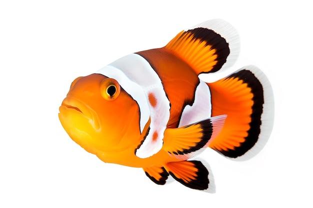 A clown fish with a white cap on its head.