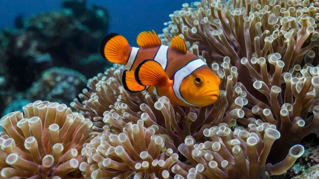 a clown fish with a white and orange striped face sits on an anemone