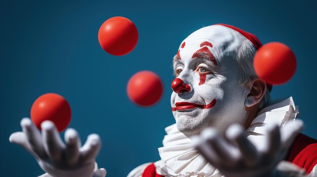 Photo clown in full makeup and costume juggling red balls against a blue background