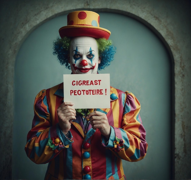 a clown holds a sign that says  greatness