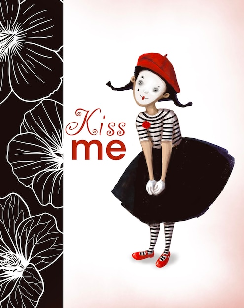 Clown mime kiss me valentines card watercolor style illustration with cartoon character