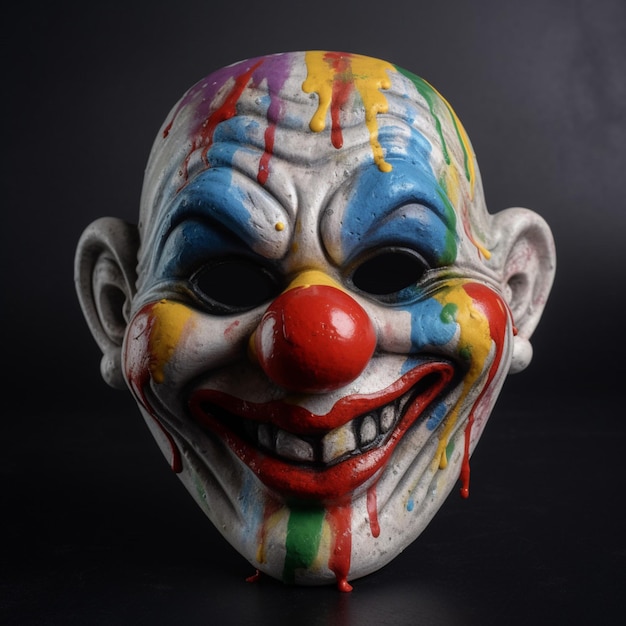 A clown's face has a red, yellow, blue, and green face.