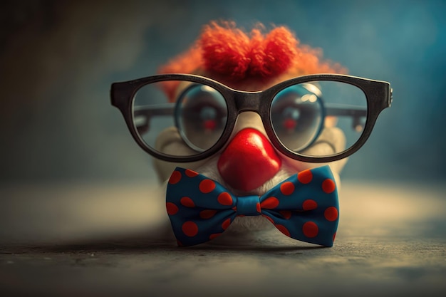 A clown wearing glasses and a bow tie is wearing a bow tie.