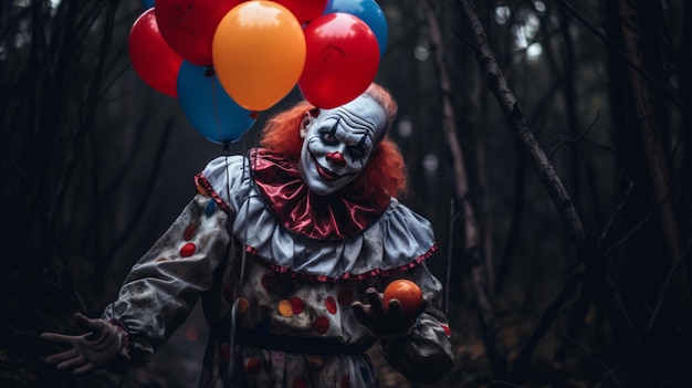 Clown with balloons in the forest at night halloween