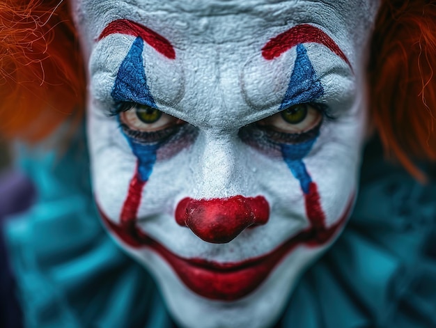 a clown with a blue and red face has the words clown on it