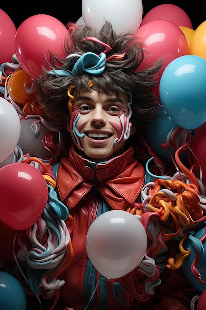 a clown with a clown face and balloons in the background