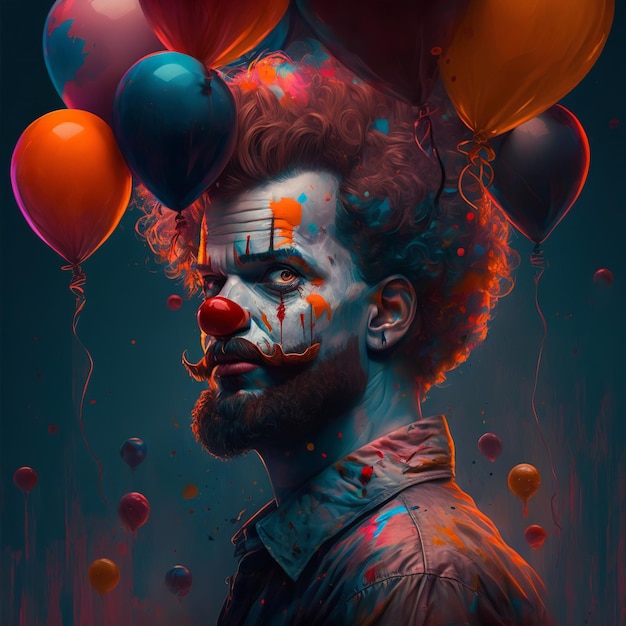 A clown with a painted face and a bunch of balloons on it