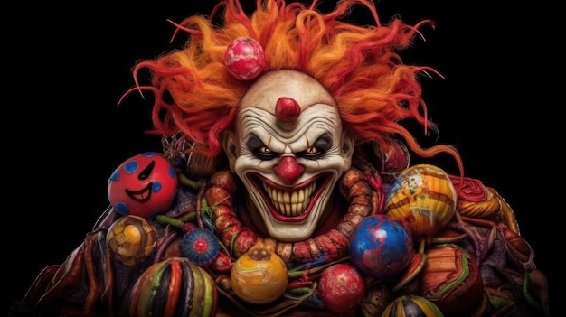 A clown with red hair and a necklace