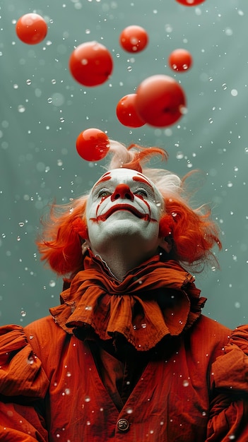 Photo a clown with red hair and a red clowns face is surrounded by snowflakes