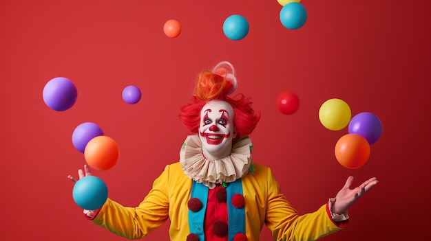 A clown in a yellow and red costume juggles colorful balls against a red background