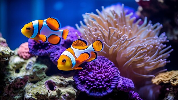 Clownfish and Blue Malawi Cichlids Swimming Near Coral ReefAi