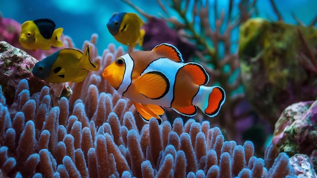 Clownfish ctenochaetus tominiensis and blue malawi cichlids swimming near the coral duncan