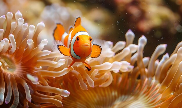 Photo clownfish peeking out of anemone