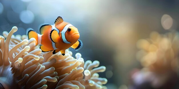 Photo clownfish swimming in close proximity to anemone in the ocean concept aquatic life underwater ecosystem marine biology coral reef animal behavior