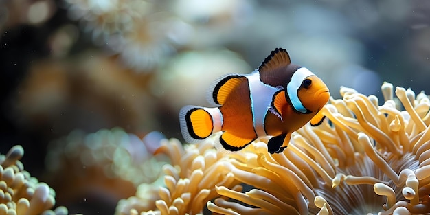 Photo clownfish swimming near anemone in ocean concept underwater photography marine life unique ecosystems ocean habitats aquatic wildlife