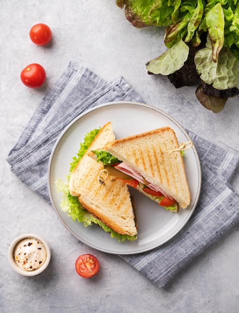 Club sandwich on a blue plate and napkin of ham cheese cucumber tomato and lettuce leaves closeup on a blue background with mayonnaise Top view