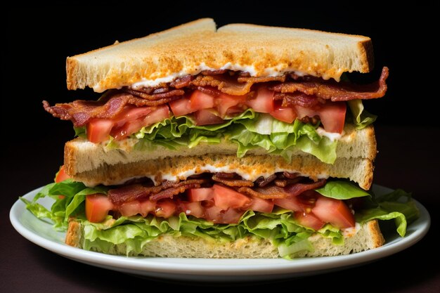 A club sandwich layered with lettuce tomatoes and crispy bacon