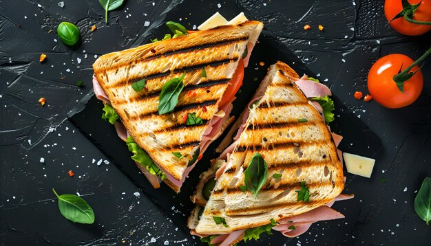 Club sandwich panini with ham tomato cheese and basil Flat lay Top view