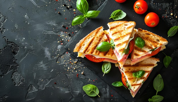 Club sandwich panini with ham tomato cheese and basil Flat lay Top view