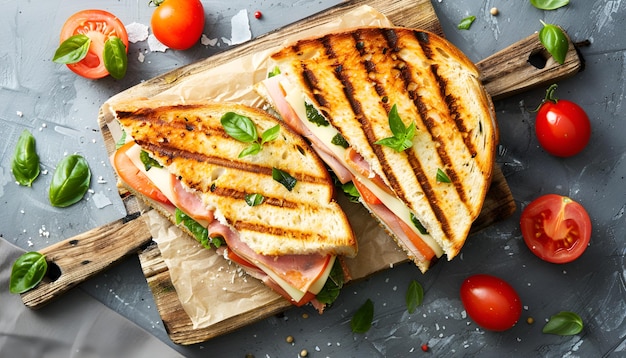 Club sandwich panini with ham tomato cheese and basil Flat lay Top view