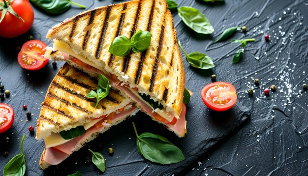 Photo club sandwich panini with ham tomato cheese and basil flat lay top view