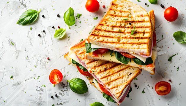 Club sandwich panini with ham tomato cheese and basil Flat lay Top view