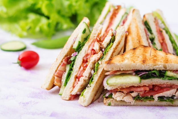 Club sandwich with chicken breast, bacon, tomato, cucumber and herbs