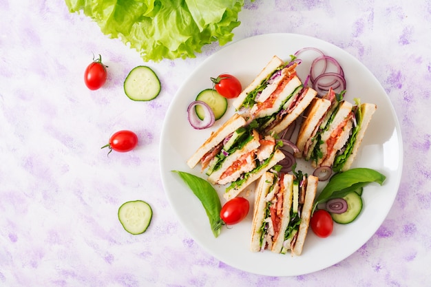 Club sandwich with chicken breast, bacon, tomato, cucumber and herbs