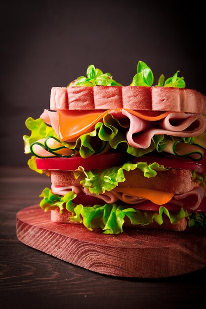 Club sandwich on a wooden table rustic style closeup no people homemade