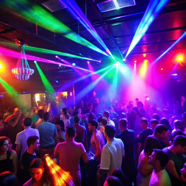 a club with a colorful light and a colorful ceiling