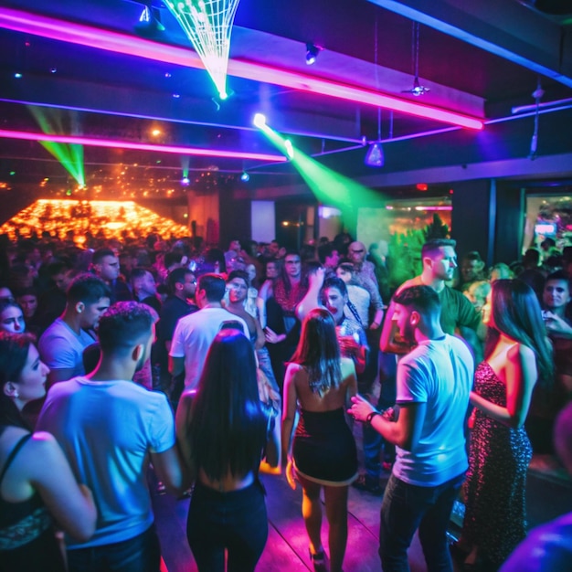 a club with a neon light on the ceiling and people in the background