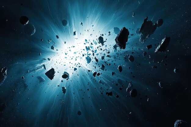 Photo cluster of asteroids in deep space against glowing blue background