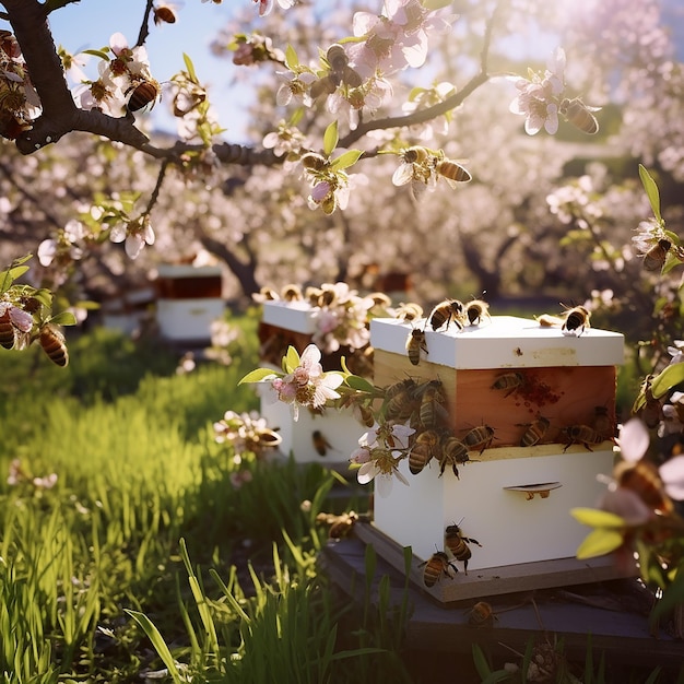 A cluster of beehives nestled in an orchard buzzing with activity as bees collect nectar from apple