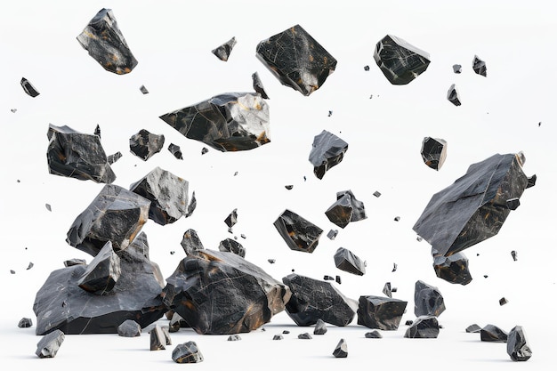 A Cluster of Black Rocks Falling Against a White Background